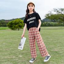 Girls casual sports summer wear 2021 new foreign style girls fashionable Chinese big childrens Internet red T-shirt check pants set