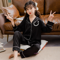 Korean girl ice silk pajamas thin summer new style medium and large childrens long-sleeved air-conditioned clothes childrens loungewear two-piece set