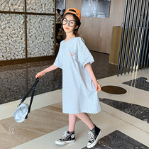 Korean Girl Long T-shirt Skirt Summer 2021 New Korean Edition Girl Big Boy Yangqi Childrens Short Sleeve Dress