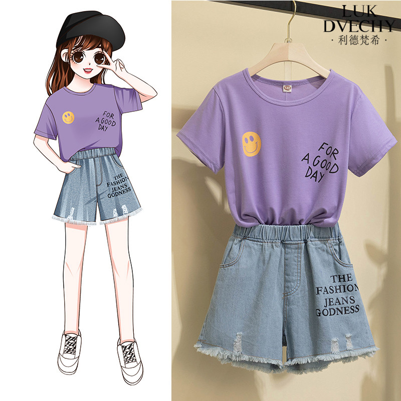 Korean girls' suits 2021 summer new middle-aged children's short-sleeved cotton T-shirt jeans fashion casual two-piece