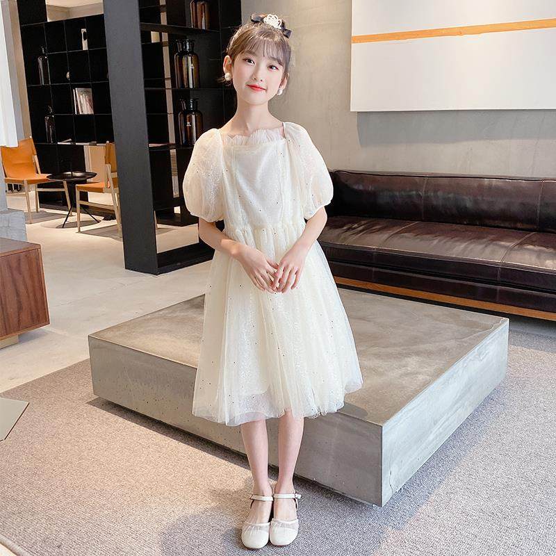 Korean girls mesh dress summer dress 2021 new style of big boy foreign girl solid color puff sleeve princess dress