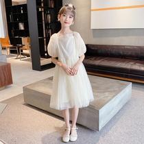 Korean girls mesh dress summer dress 2021 new style of big boy foreign girl solid color puff sleeve princess dress
