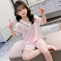 Korean girls ice silk pajamas summer thin 2022 new childrens short sleeve air-conditioned clothes casual loungewear set