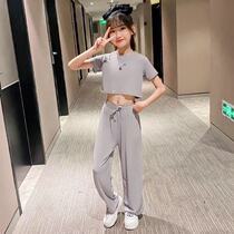 Korean girls ice silk wide-leg pants set 2021 summer new Zhongda childrens silky navel casual two-piece trend