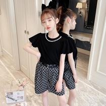 Girls Summer Fashion Cool Set 2021 New Kids Puff Sleeves Fashion Vintage Midi Pants Little Girl Two-Piece