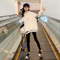 Korean Girls Sports Set 2021 New Foreign Kids Autumn and Winter Fashion Medium Big Kids Internet Red Sweatshirt Two-Piece Set