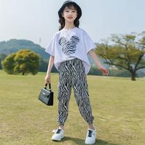 Girls fashion casual summer wear 2021 new Zhongda Tong Yangqi Korean version short sleeved round neck T-shirt striped pants set