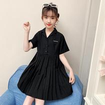 Korean girl black pleated suit dress summer 2021 new mid-big childrens fashion little girl short sleeve dress