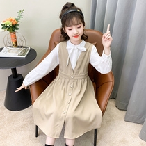 Korean girl autumn winter dress 2021 new Zhongda Tong Korean version French skirt foreign childrens two-piece trend