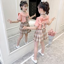 Korean girl plaid dress summer dress 2021 new foreign air net red childrens clothing little girl college style childrens set