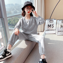 Korean Girls Sports Set 2021 New Foreign Girl Big Kids Fashion Kids Fashion Autumn and Winter Two-Piece Set Trend