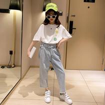 Korean girl cartoon T-shirt high-waisted wide-leg pants set 2021 new Korean series middle and big childrens sports two-piece trend