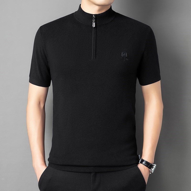 Zipper Half-High Collar Short-Sleeved Sweater for Men, Slim-Fit Half-Sleeved Wool Sweater, Half-Sleeved Men's Autumn and Winter Knitted Base Shirt