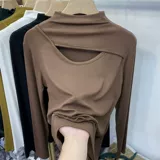 Бархатный дизайнерский осенний базовый приятный телу лонгслив, тренд сезона, высокий воротник, 2023