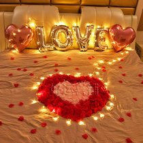 Male and female friends Made romantic surprise table White coursework Rose Petal Hotel Bed Room Balloon Placement Valentines Day