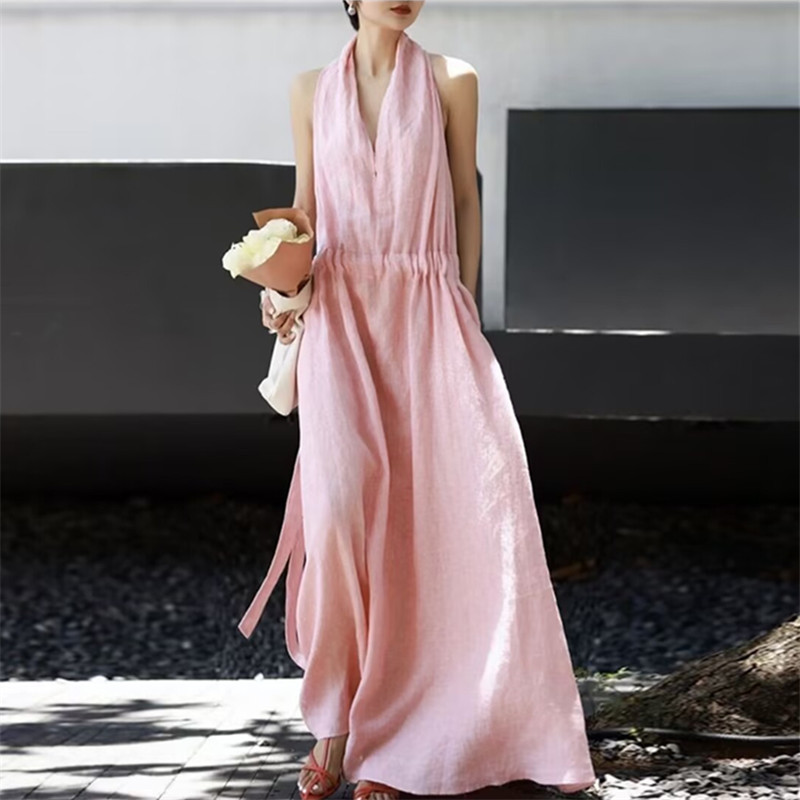 Summer New Style V-Neck Sleeveless Cotton and Linen Dress for Women, Long Dress with Drawstring Waist, Slimming and Elegant, Linen Foot-Covering Dress Summer New Style V-Neck Sleeveless Cotton and Linen Dress for Women, Long Dress with Drawstring Waist, Slimming and Elegant, Linen Foot-Covering Dress