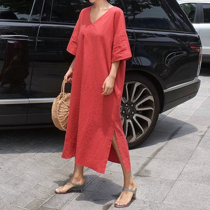 Mùa hè phong cách mới cotton và linen Váy nữ cổ chữ V dài giữa phiên bản Hàn Quốc rộng rãi cỡ lớn xẻ tà bên hông váy linen giản dị - Sản phẩm HOT