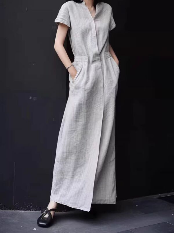Chunshiman Summer New Short-Sleeved Cotton and Linen Shirt Dress, Feminine Gray Linen Long Dress, Trendy Socialite Dress