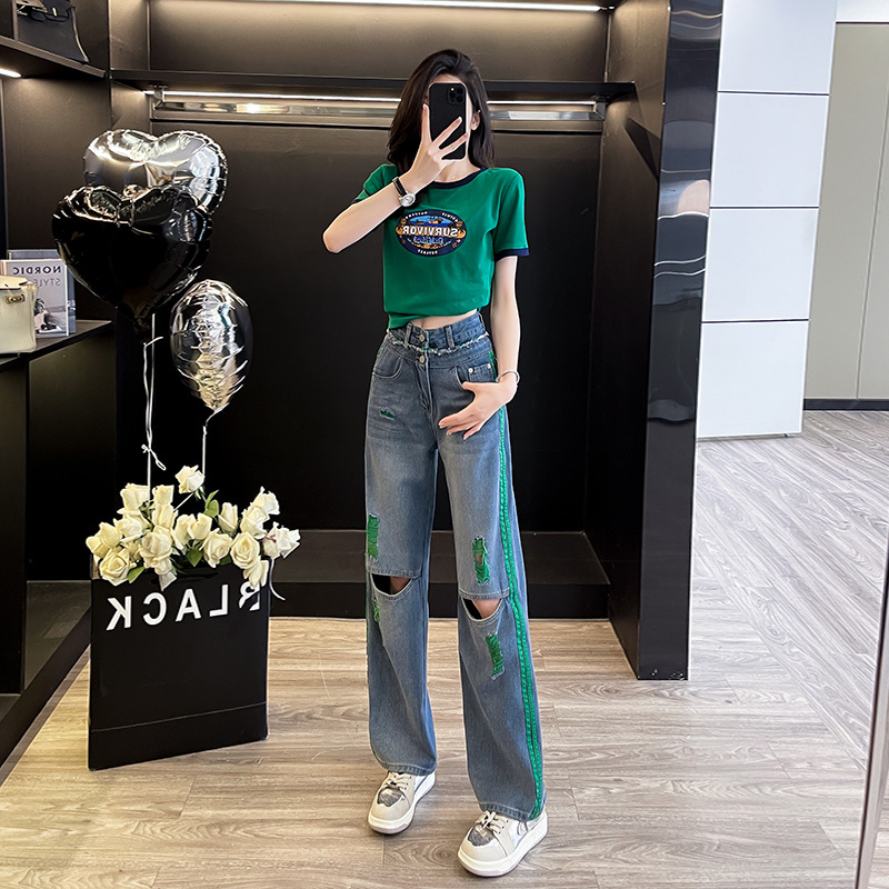 Narrow High-Waisted Ripped Jeans for Women, Summer Thin Style, 2024 New Model, Paired with a T-Shirt, a Complete Set of Stylish Floor-Length Pants