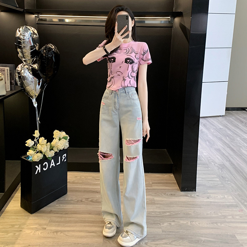 Narrow Ripped Jeans Women's Set High-Waisted Slimming Straight-Leg Pants Summer New Loose Drape Floor-Length Trousers