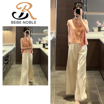 BEBE NOBLE new Chinese style jacquard disc button shirt womens summer wide-leg pants casual two-piece set ins trend