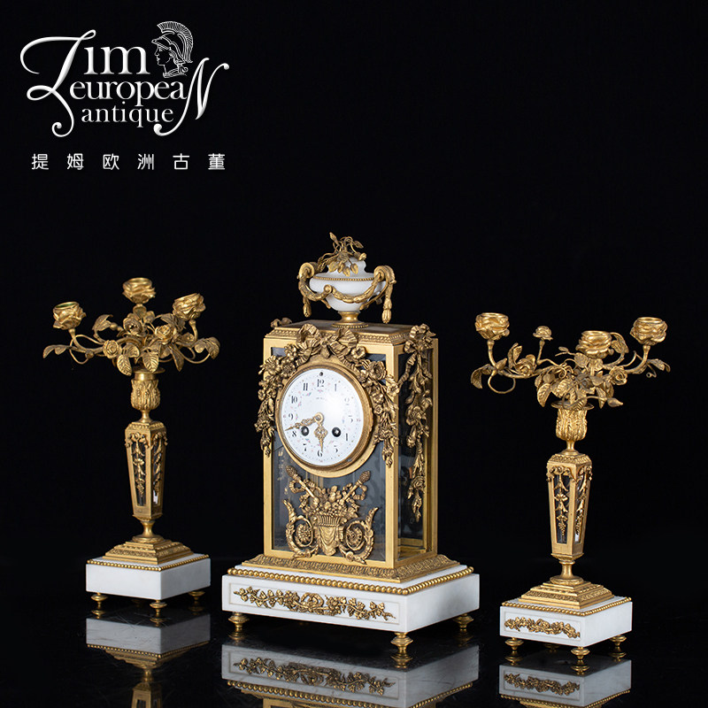 Tim European Antique Western Antiquities French Louis XVI Style Copper Gilt Carrara Marble Clock