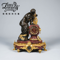 Tim European Antiques Western Antiquities Pigeon Blood Marble Gilt Bronze Figure Sculpture Mechanical Pendulum Ringing Clock