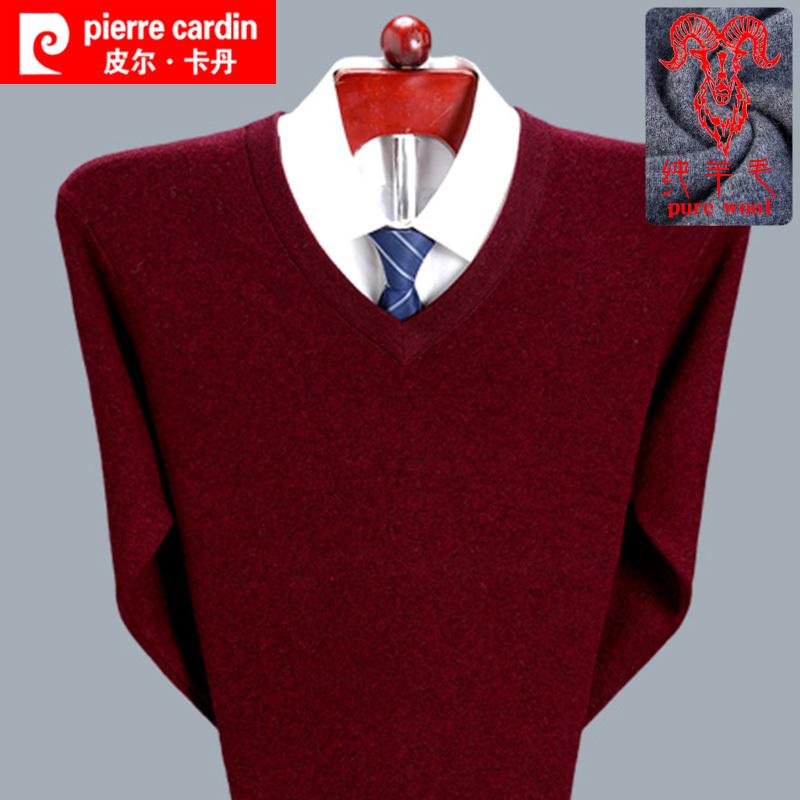 Pierre Cardin V-Neck High-End Pure Wool Sweater for Men, Autumn and Winter Solid Color V-Neck Wool Sweater, Thickened for Middle-Aged Men