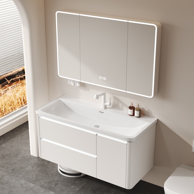 Milky White Stainless Steel Honeycomb Aluminum Bathroom Cabinet Set with Deep Ceramic Integrated Basin Ocean Basin Washbasin Vanity