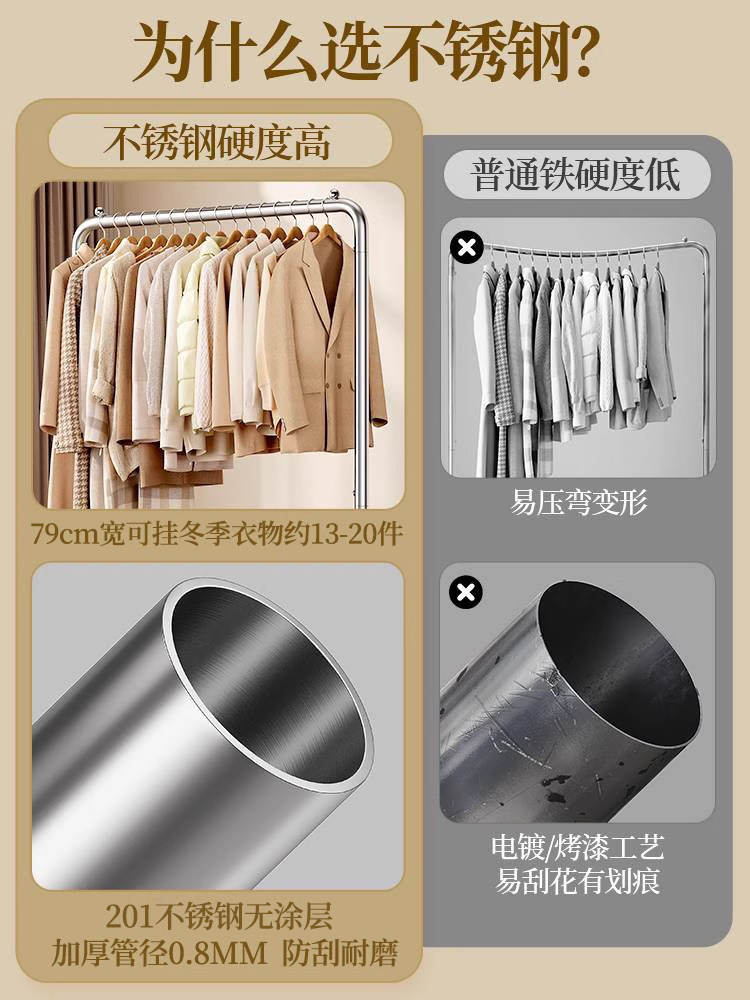 Bedroom Clothes Rack, Floor-Standing, Light Luxury, Mobile Coat Rack for Clothes, Stainless Steel, Space-Saving, a Must-Have for the Night