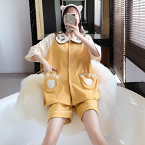 Cardigan short-sleeved cotton plus size pajamas womens 200 jin loose fat mm summer cartoon cute home clothes suit