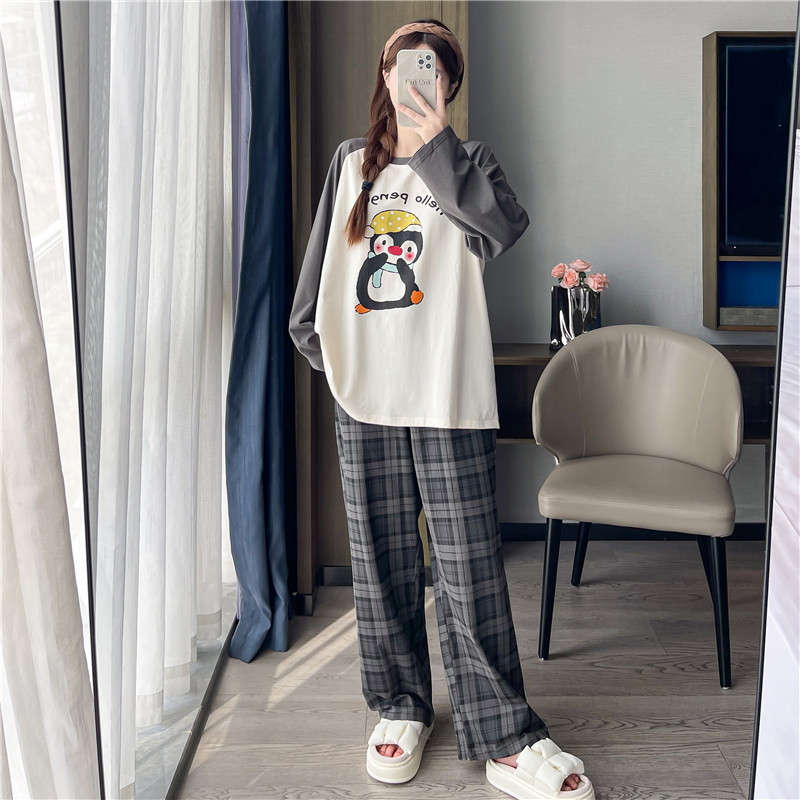 Pure Cotton Plus-Size Women's Pajamas 100kg Long-Sleeved Long Pants Loose Cartoon Plaid Spring and Autumn Loungewear Set Pure Cotton Plus-Size Women's Pajamas 100kg Long-Sleeved Long Pants Loose Cartoon Plaid Spring and Autumn Loungewear Set