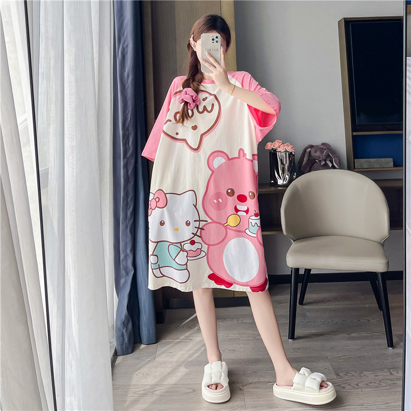 Summer Plus-Size Nightgown for Women, Fat Mm, 100kg Short-Sleeved Pure Cotton Cartoon Cute Loose Thin Maternity Home Wear