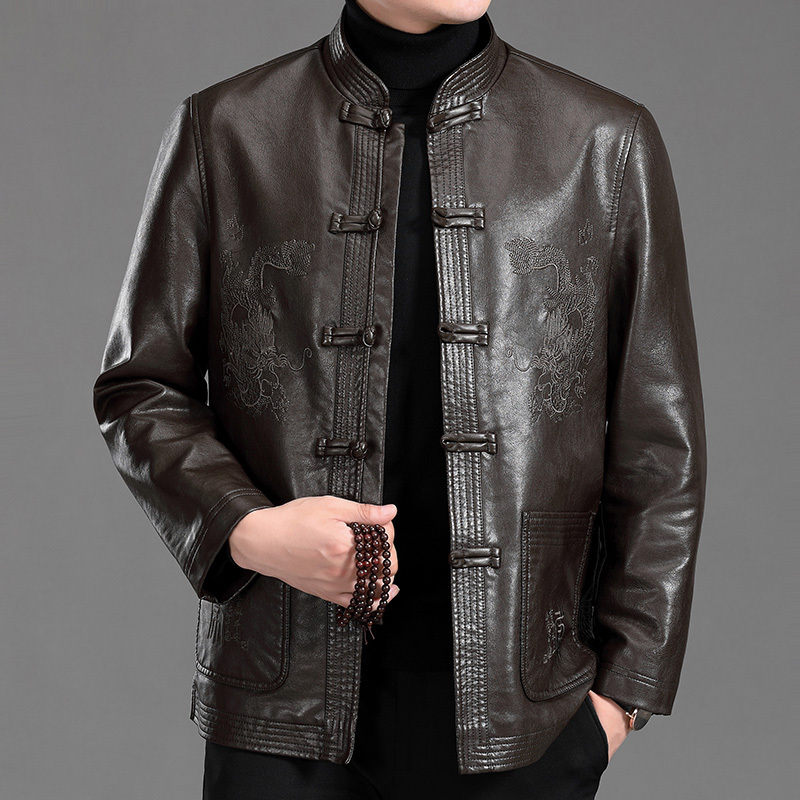 Spring, Autumn and Winter Leather Jackets for Middle-Aged and Elderly Men, Dad's Clothing, Dragon Pattern Embroidered Leather Jackets, Chinese Style Tang Suit Jackets
