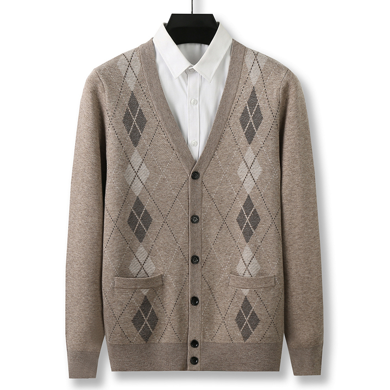 Spring, Autumn, and Winter Thickened Wool-Blend Knit Cardigan for Middle-Aged and Elderly Men, V-Neck Jacquard Sweater Jacket, Autumn Fashion Knitwear
