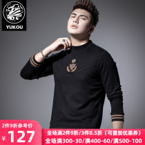 Meet Kou semi-high-neck base shirt mens winter slim-fit simple and wild little Bee embroidery tide brand mens long-sleeved T-shirt