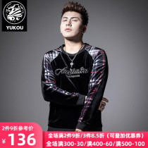 Yukou sweater mens fashion brand winter gold velvet thickened slim trend plaid stitching embroidery mens sweater top