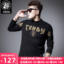 Yukou long-sleeved t-shirt men 2021 new autumn and winter velvet warm top embroidery tide brand semi-high collar base shirt men