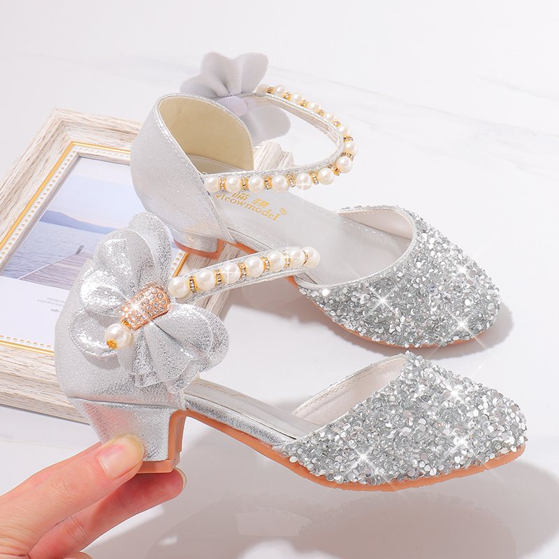 Girls' Princess Shoes, Host Piano Performance Leather Shoes, Kidsren's High Heels, Kidsren's Silver Stage Dress Crystal Shoes