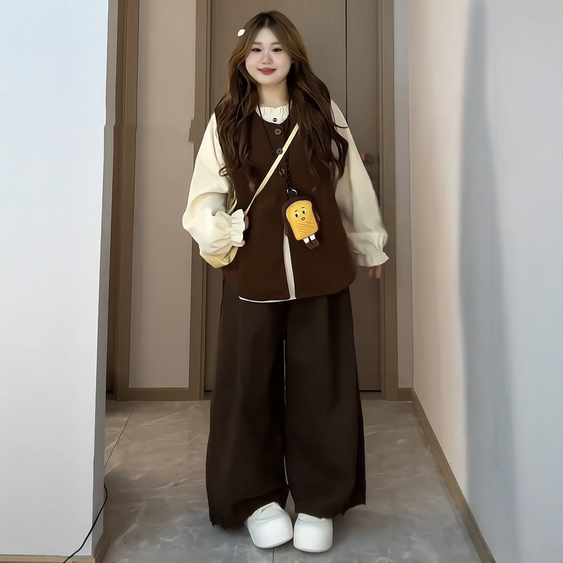 Plus-Size Women's Clothing, Fat mm (Short for Plus-Size Women) Melard Lazy Style Shirt + Vest + High-Waisted Wide-Leg Pants 2026 Autumn Slimming Set Plus-Size Women's Clothing, Fat mm (Short for Plus-Size Women) Melard Lazy Style Shirt + Vest + High-Waisted Wide-Leg Pants 2026 Autumn Slimming Set