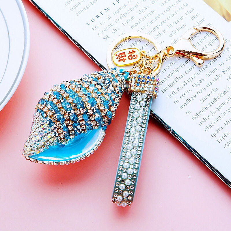Cross-Border Diamond-Encrusted Shell Conch Car Keychain Metal Women's Bag Pendant Key Chain Ring Creative Ornament