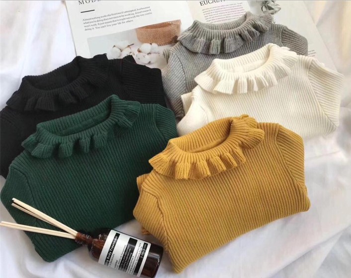 Girl Casual Foreign Pie Sweater Knit Cardiovert 2021 Autumn Winter Children Lace High Collar Pure Cotton Multi-coloured Sweater Undershirt