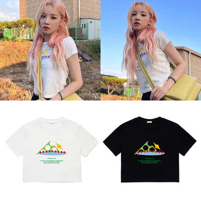 GIDLE's Song Yuki's Instagram casual wear short-sleeved T-shirt, loose crop top, high-waisted women's summer versatile performance outfit