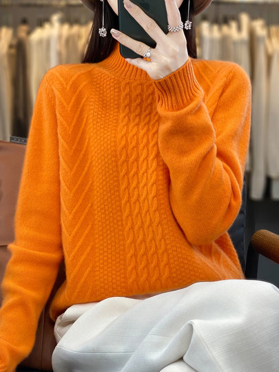 半高领羊毛衫女100%纯羊毛针织衫秋冬纯色扭花半高羊绒毛衣女加厚