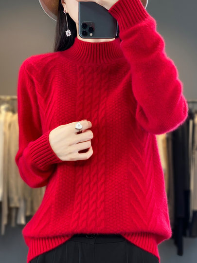 半高领羊毛衫女100%纯羊毛针织衫秋冬纯色扭花半高羊绒毛衣女加厚
