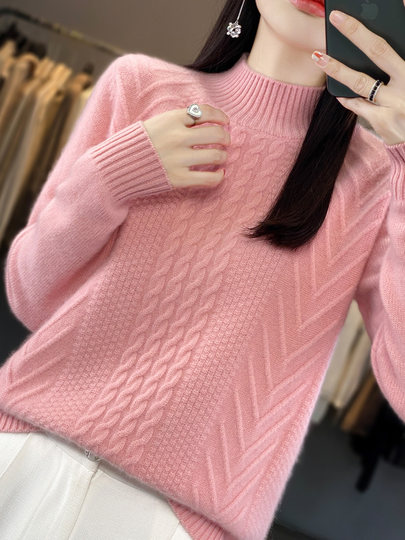 半高领羊毛衫女100%纯羊毛针织衫秋冬纯色扭花半高羊绒毛衣女加厚