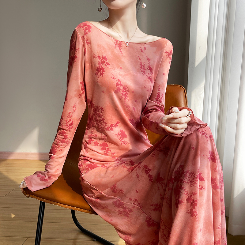 2025 Summer New Style Mesh Jacquard Dress with Flocking, Feminine Off-The-Shoulder Neckline, Waist-Cinching, Slimming, Long-Sleeve, Long Dress, Thin 2025 Summer New Style Mesh Jacquard Dress with Flocking, Feminine Off-The-Shoulder Neckline, Waist-Cinching, Slimming, Long-Sleeve, Long Dress, Thin