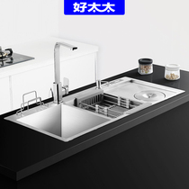 304 Stainless Steel Handmade Sink Double Groove Triple Trough Kitchen Wash Basin Dishwashing Basin With Trash Can 100x48 1 m