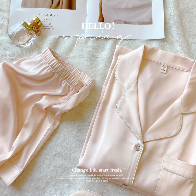 VIRRI CIAGA~Beautiful things of this season Handmade diamond-studded silk pajamas women's summer ice silk short-sleeved suit