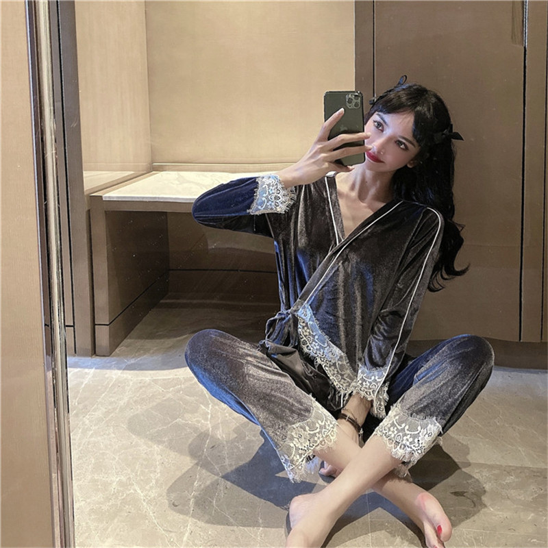 Advanced design ~ French style VIRRI CIAGA golden velvet pyjamas women's spring and autumn sexy V collar two sets